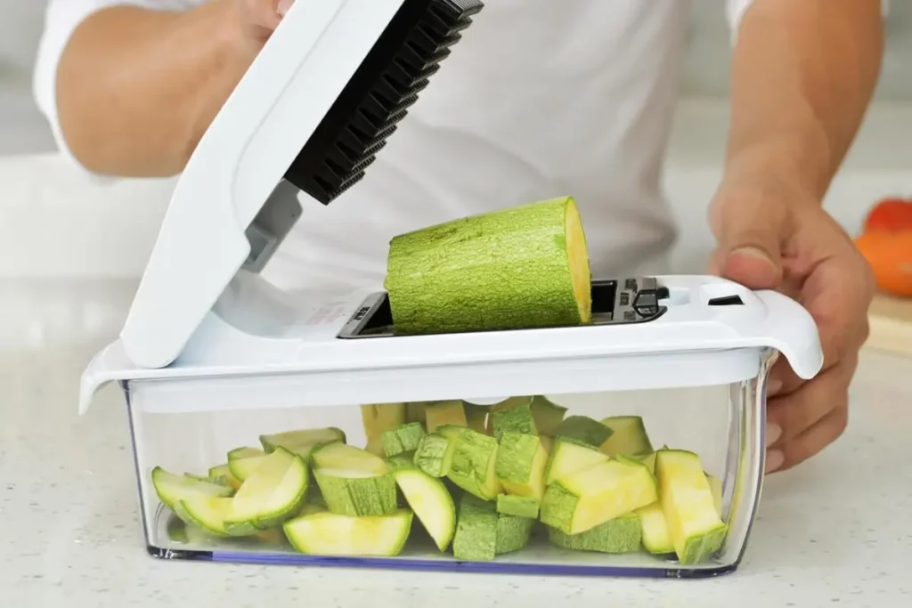 Fullstar Vegetable Chopper dicing cucumber into the transparent catch tray container.