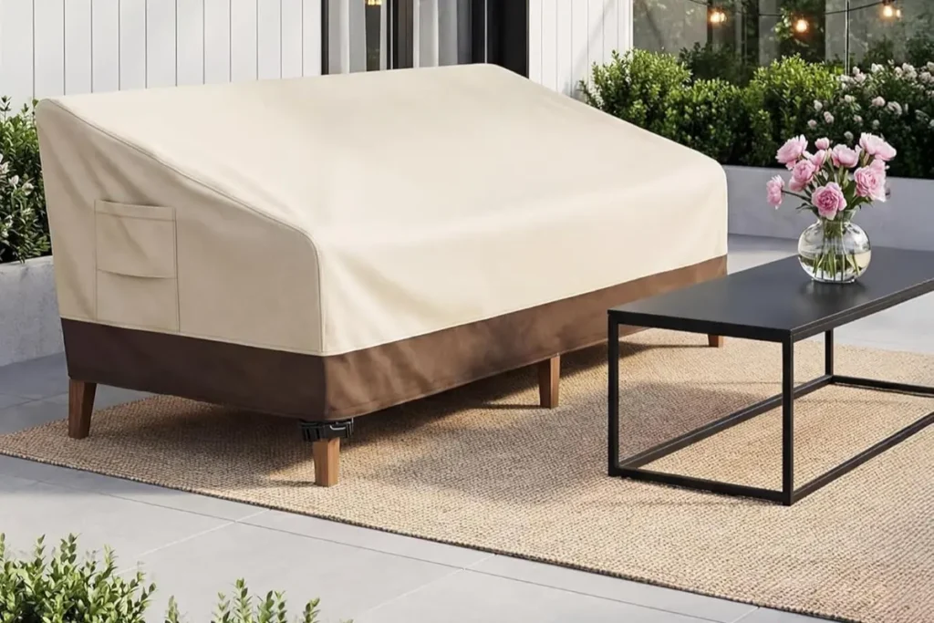 Vailge Heavy Duty Patio Sofa Cover protecting an outdoor couch from heat