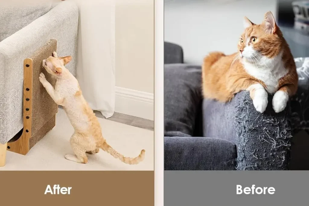 EHEYCIGA 3-in-1 Cat Scratcher being scratched by a cat compared and a cat with no scratcher